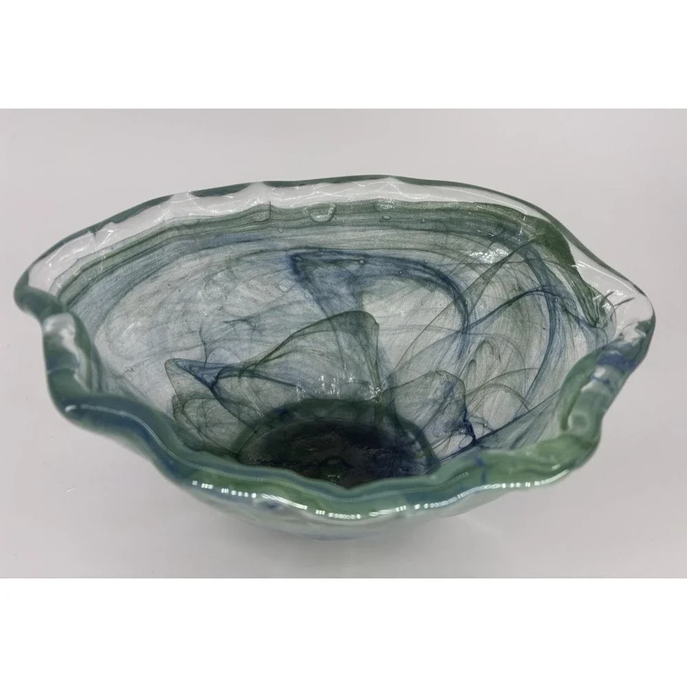 Murano Italy Hand Blown Art Glass Decorative Centerpiece Bowl Blue Green Wavy